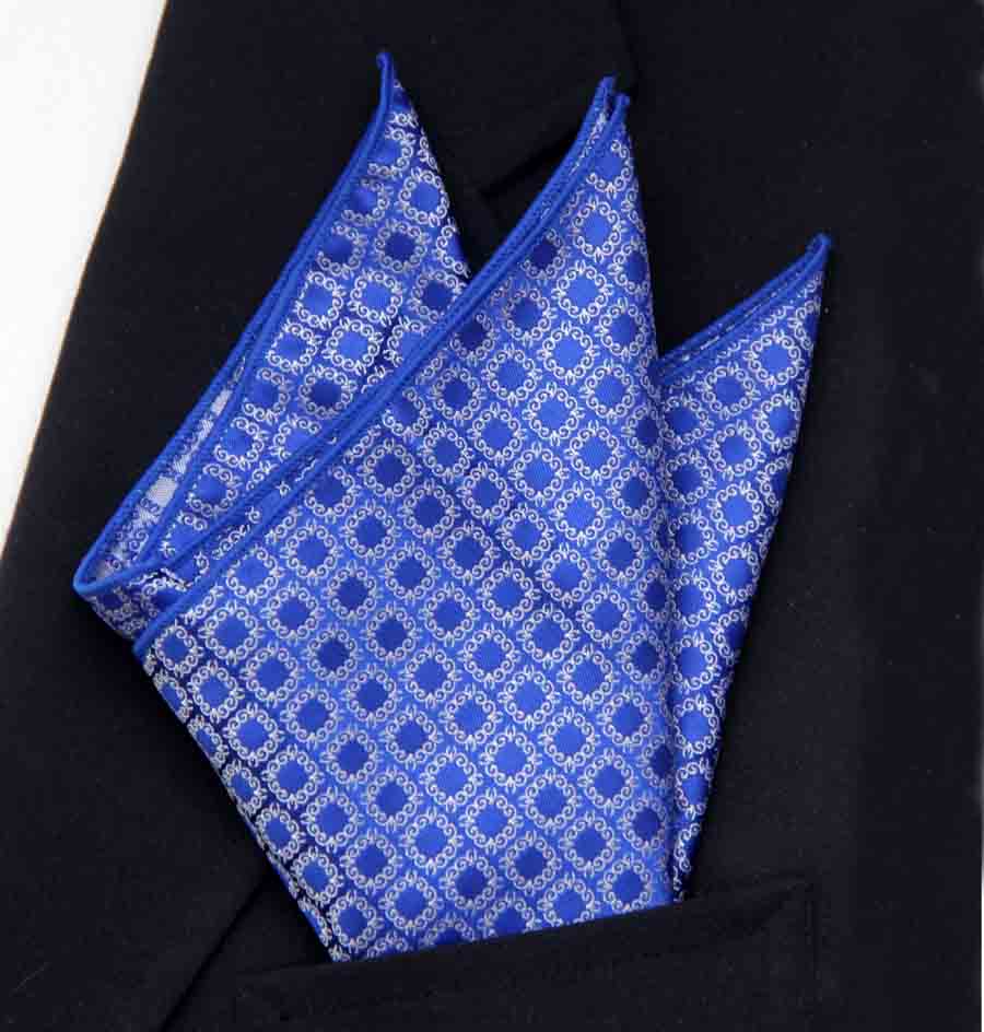 SW for Gascoigne Silk Jacquard Pocket Square Blue White Fancy Geometric Men's