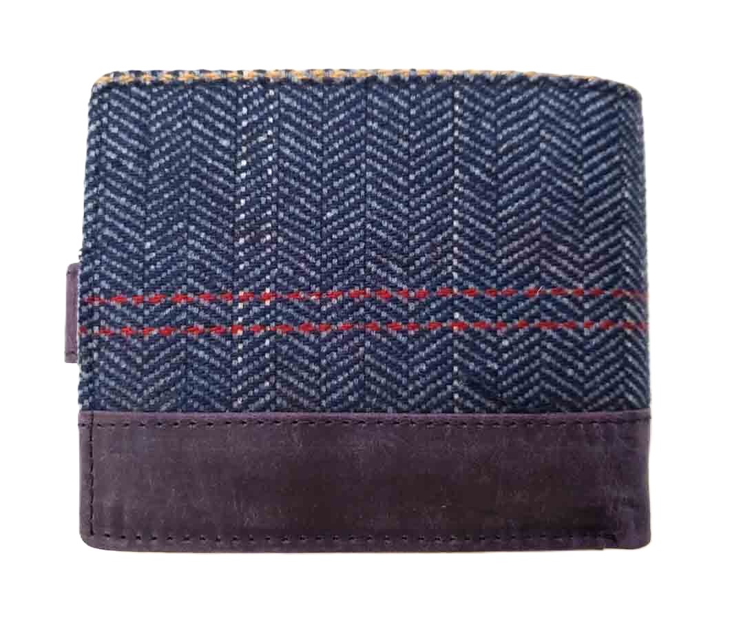 Tanners England Bifold Wallet Hunter Leather and Herringbone Wool Tweed Blue Brown Men's