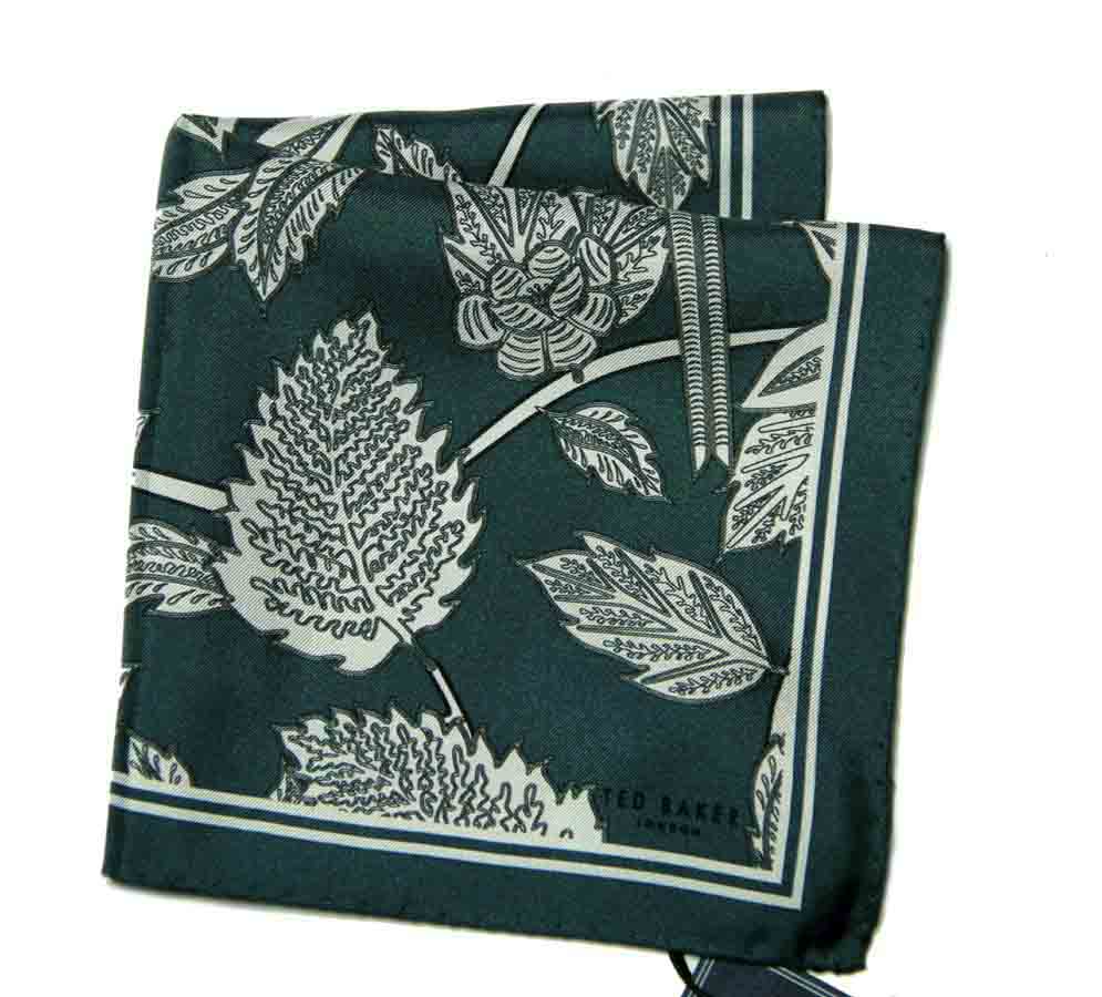 Ted Baker London Italian Silk Pocket Square Green White Gray Black Leaf Pattern Men's
